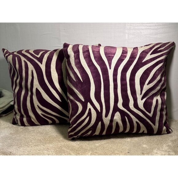 Zebra Print Throw Pillows Purple & Beige 16 x 15” Down Filled Velvet Set of 2 - Picture 1 of 11